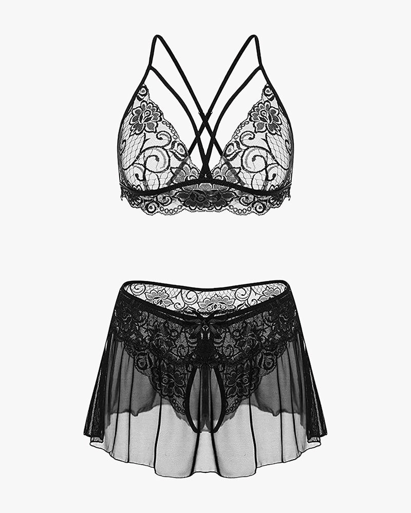 3 Stück Sets Spitze Bralette. Rock mit Höschen