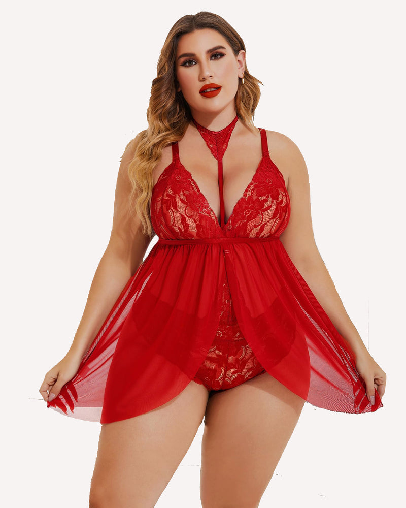 Plus Size Spitze Babydoll Mesh Choker Nachtwäsche