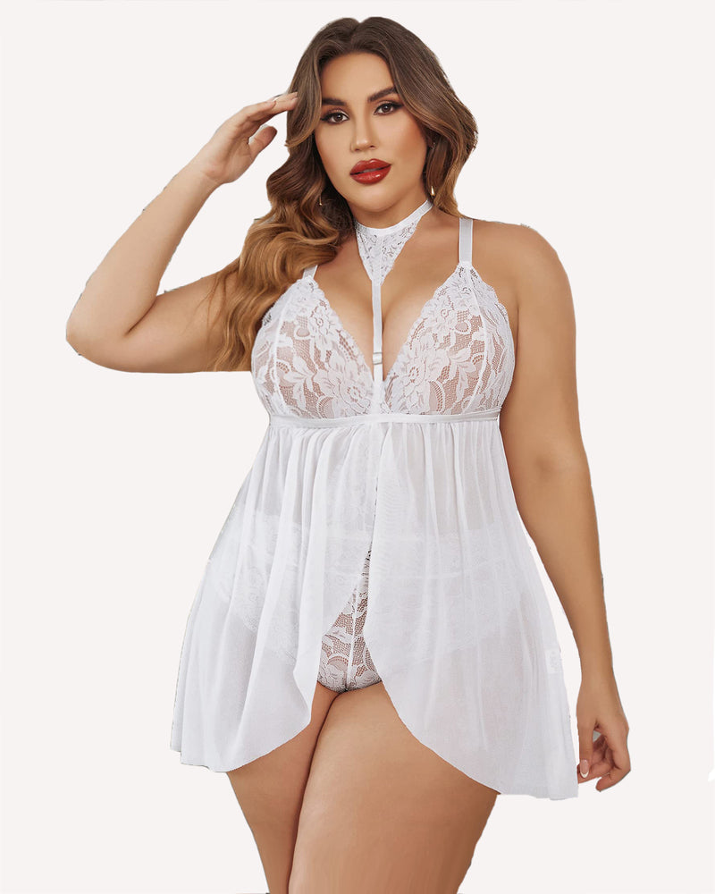Plus Size Spitze Babydoll Mesh Choker Nachtwäsche