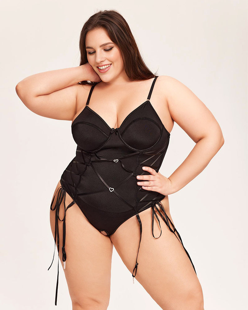Tummy Control Bodysuit mit Strapsgürtel-Schwarz