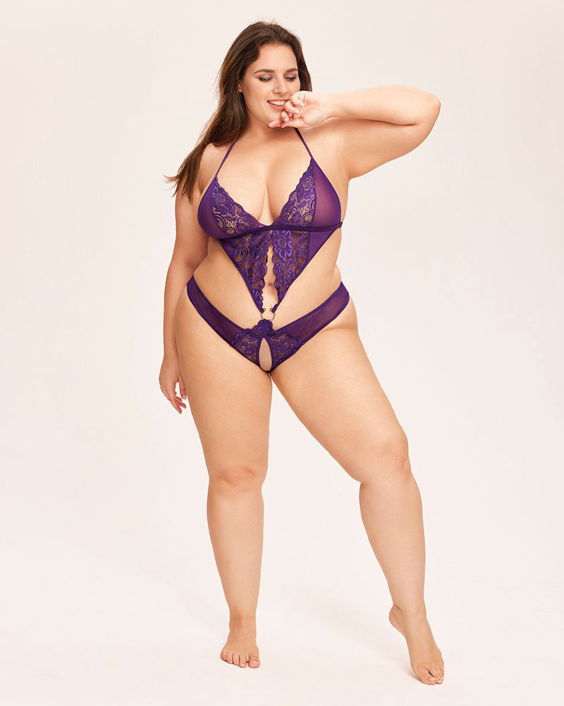 Tiefer V-Spitzen-Teddy-Mini-Bodysuit - lila