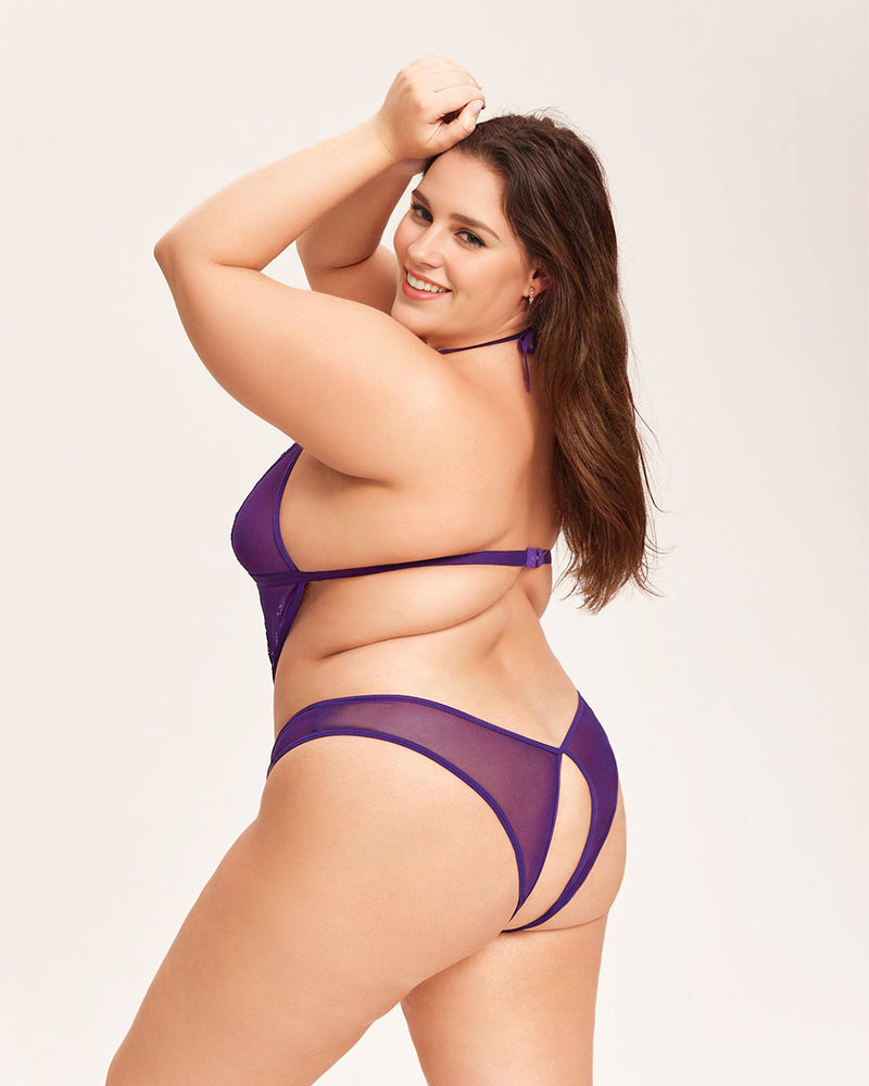 Tiefer V-Spitzen-Teddy-Mini-Bodysuit - lila