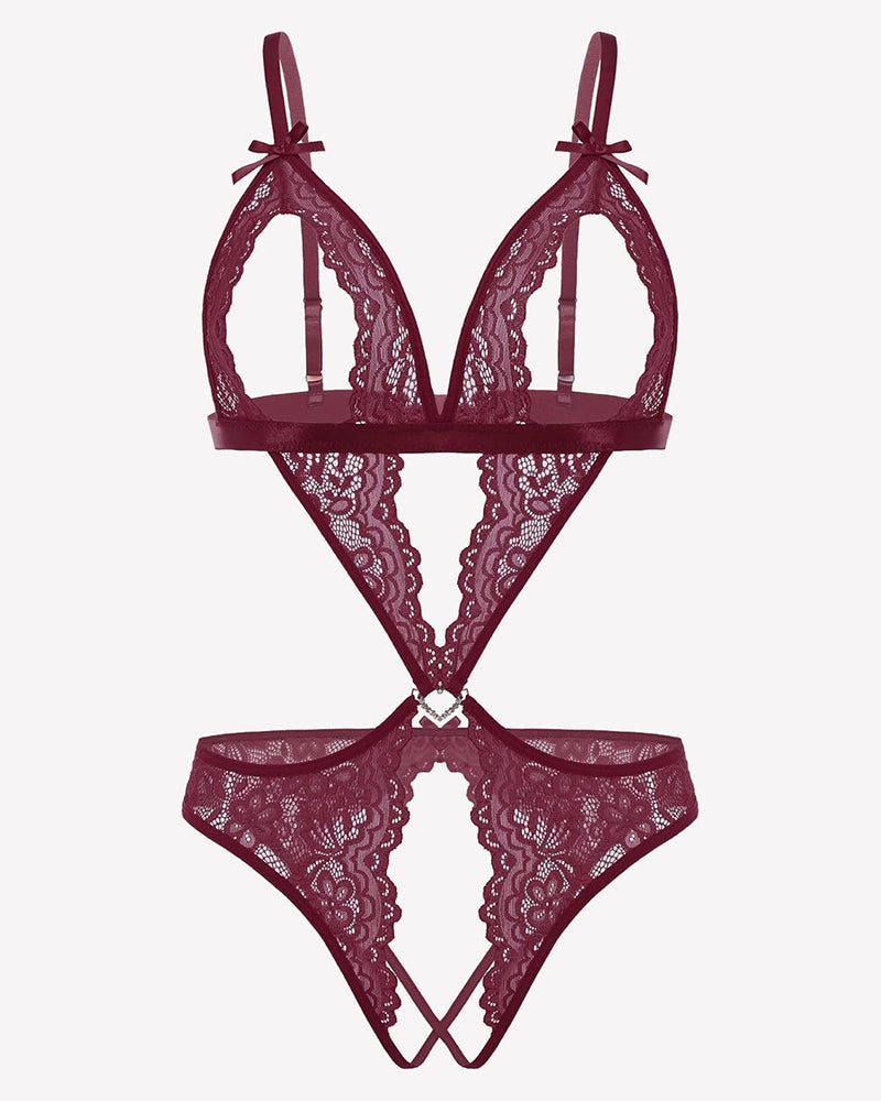 Tiefer V-Teddy-Bodysuit aus Spitze
