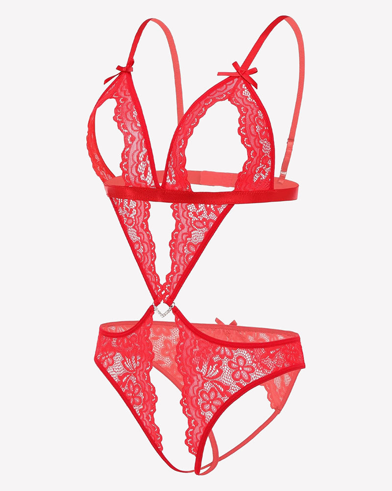Tiefer V-Teddy-Bodysuit aus Spitze