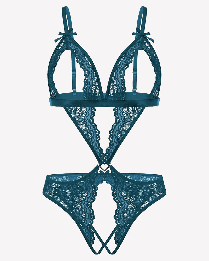 Tiefer V-Teddy-Bodysuit aus Spitze