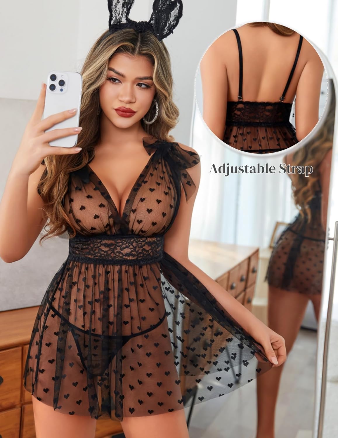 Transparentes Mesh-Spitzen-Babydoll mit V-Ausschnitt-Nachthemd