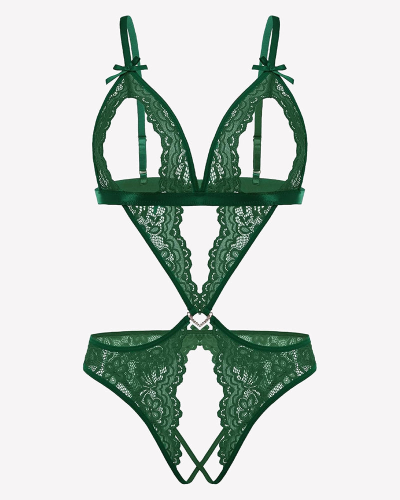 Tiefer V-Teddy-Bodysuit aus Spitze
