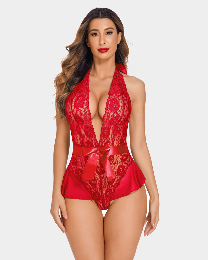 Spitze Teddy Bodysuit Halter V-Ausschnitt Einteiler