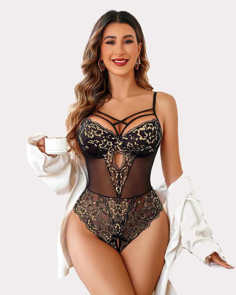 Einteiliger Criss-Cross-Bodysuit aus Spitze