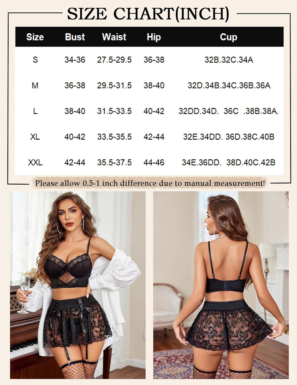 3Pcs Sets Bralette und Panty mit Spitzenrock