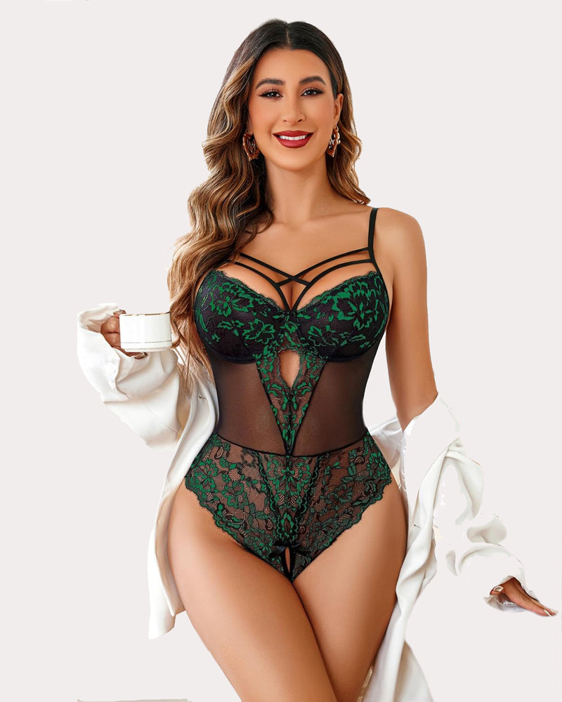 Einteiliger Criss-Cross-Bodysuit aus Spitze