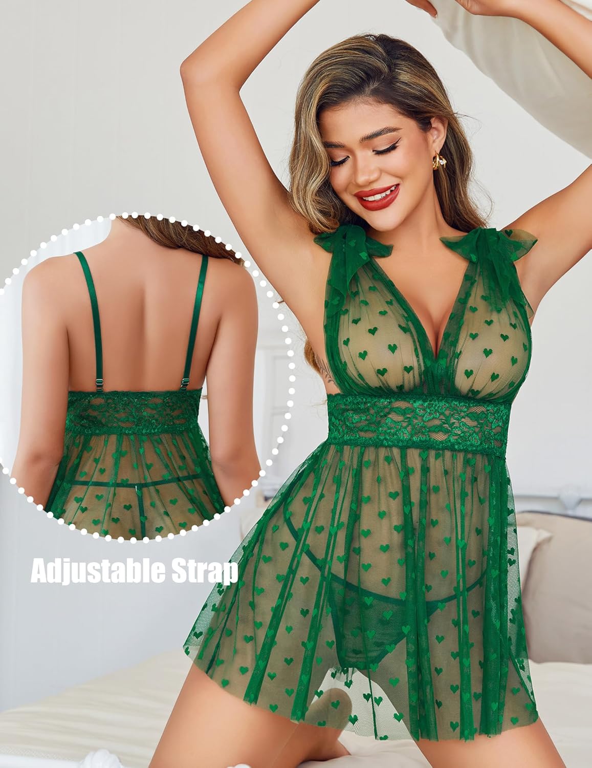 Transparentes Mesh-Spitzen-Babydoll mit V-Ausschnitt-Nachthemd
