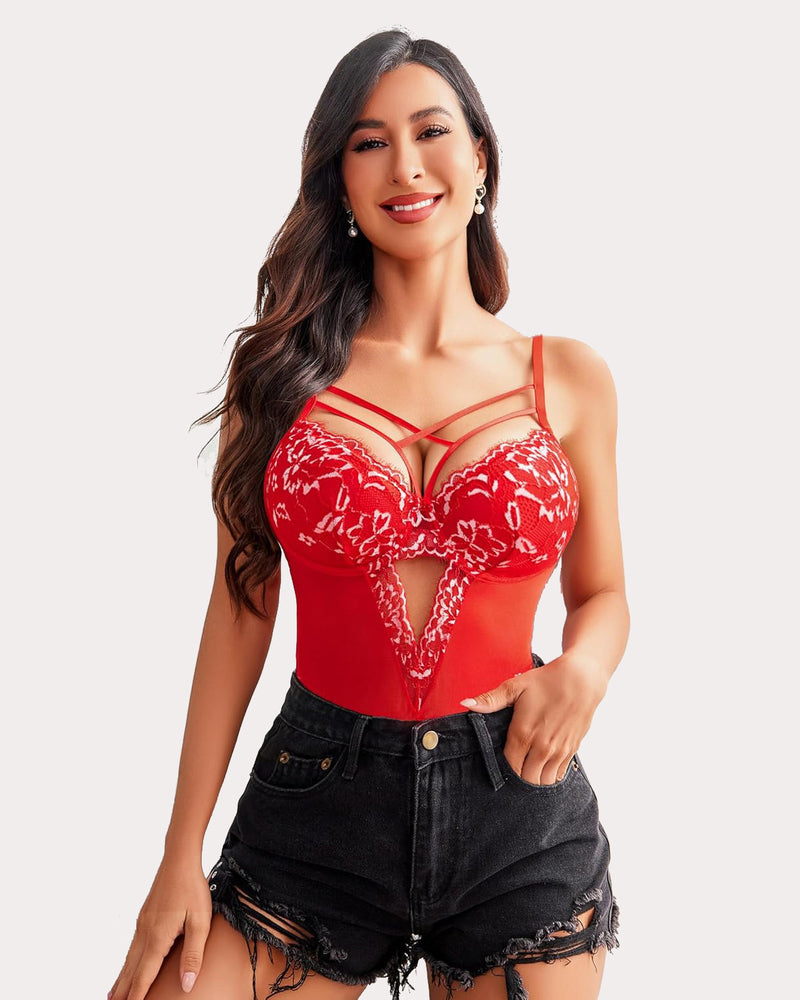 Einteiliger Criss-Cross-Bodysuit aus Spitze