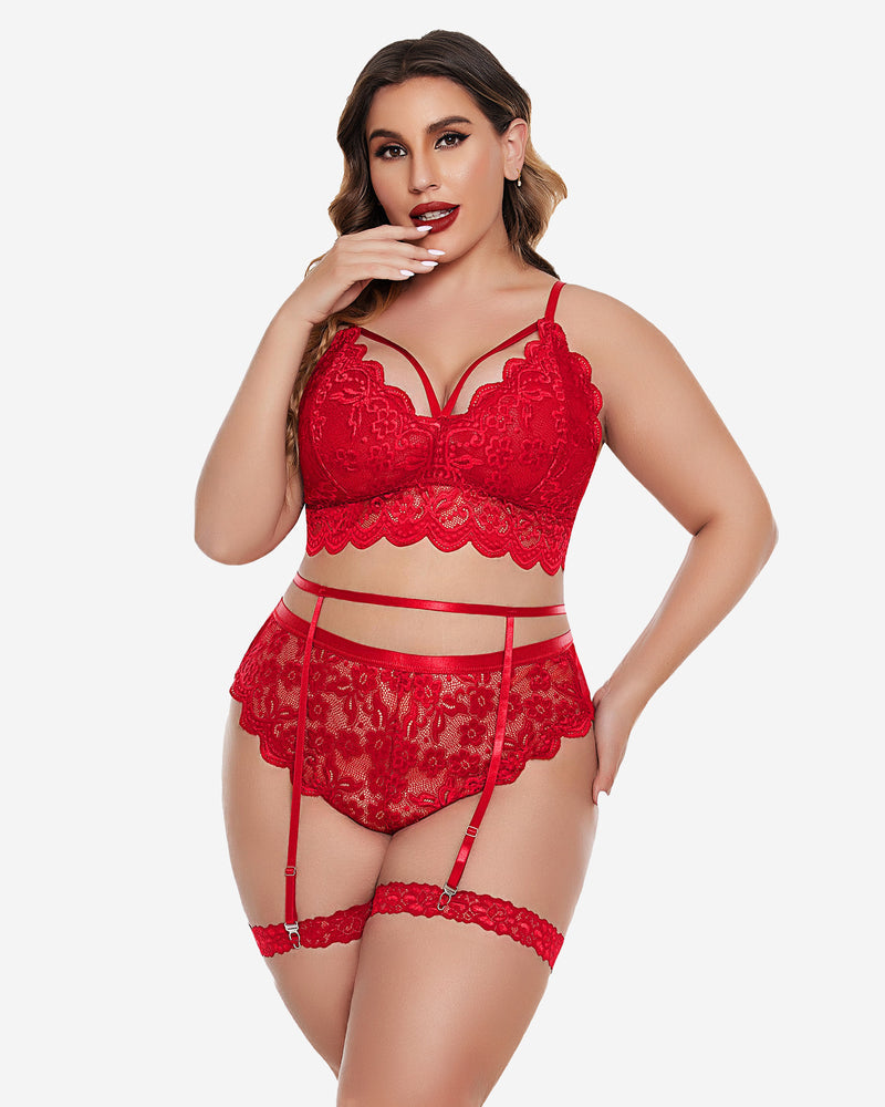 Plus Größe Spitze Trim BH Höschen Set