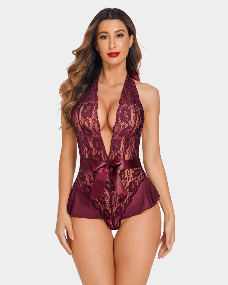 Leopard Spitze Halter V-Ausschnitt Bodysuit