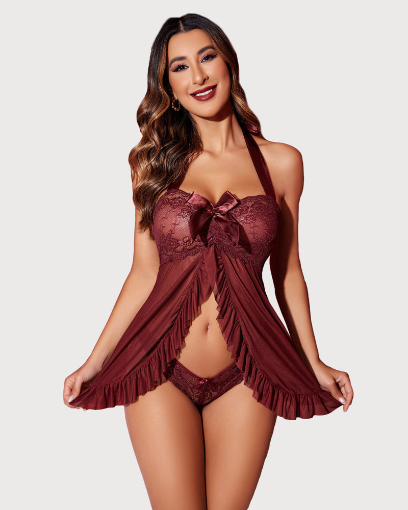 Babydoll mit Spitze, vorne offen, Halter-Nachthemd