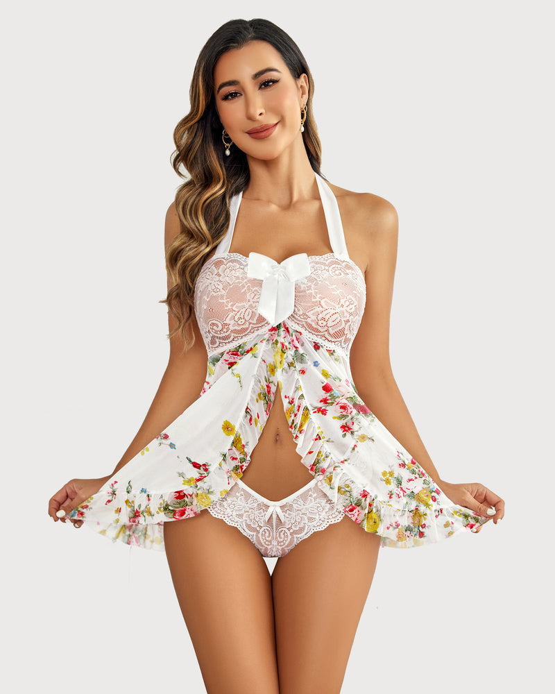 Babydoll mit Spitze, vorne offen, Halter-Nachthemd
