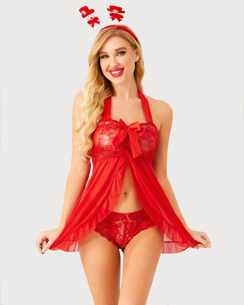 Babydoll mit Spitze, vorne offen, Halter-Nachthemd