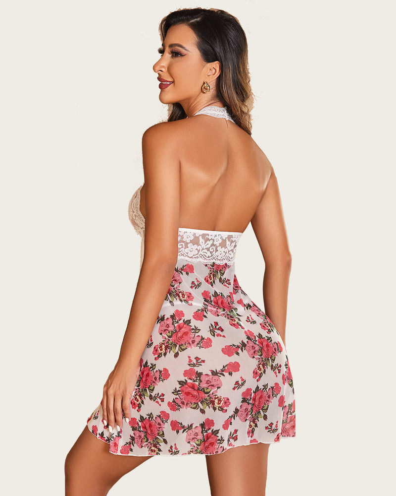 Neckholder Spitze Print Hochzeit Babydoll