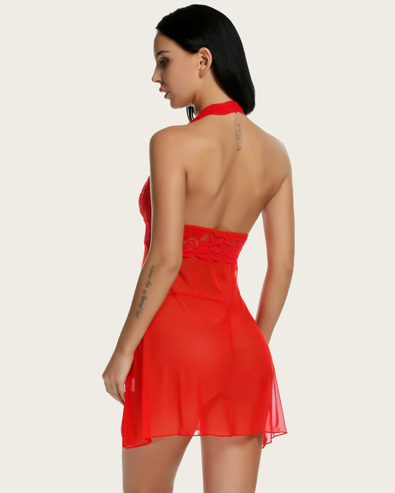Halter Spitze Babydoll Mesh V Neck Nachtwäsche