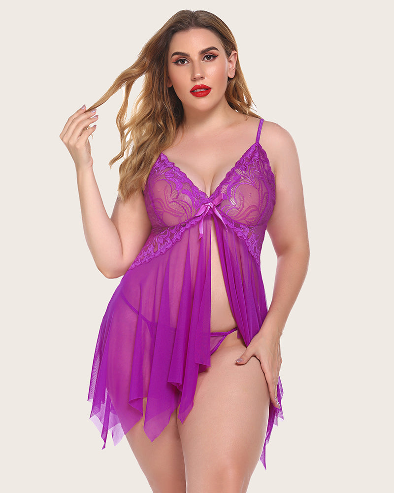 Plus Size Dessous Spitze Druck Babydoll Outfits
