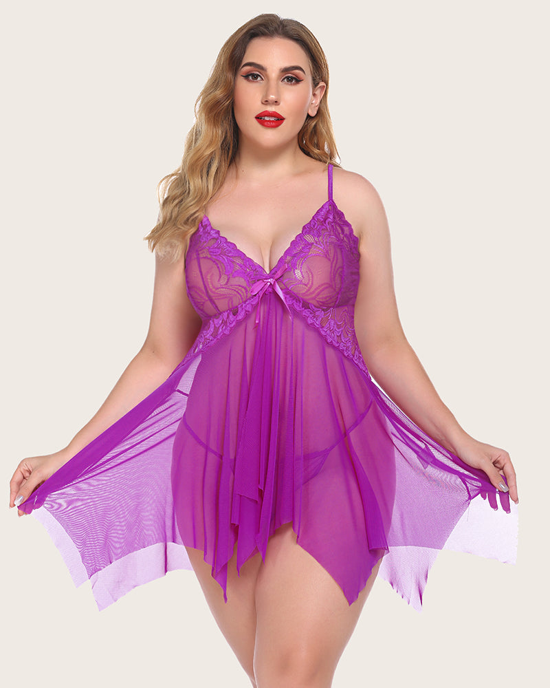 Plus Size Dessous Spitze Druck Babydoll Outfits