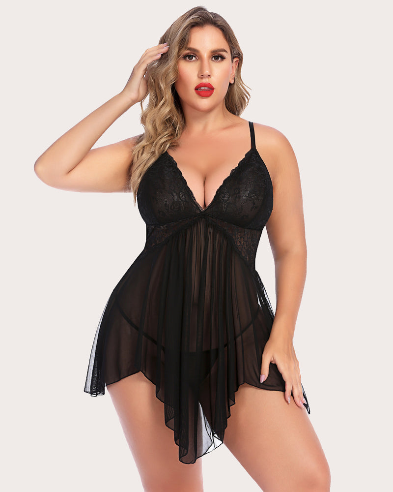 Plus Size Spitze V-Ausschnitt Babydoll