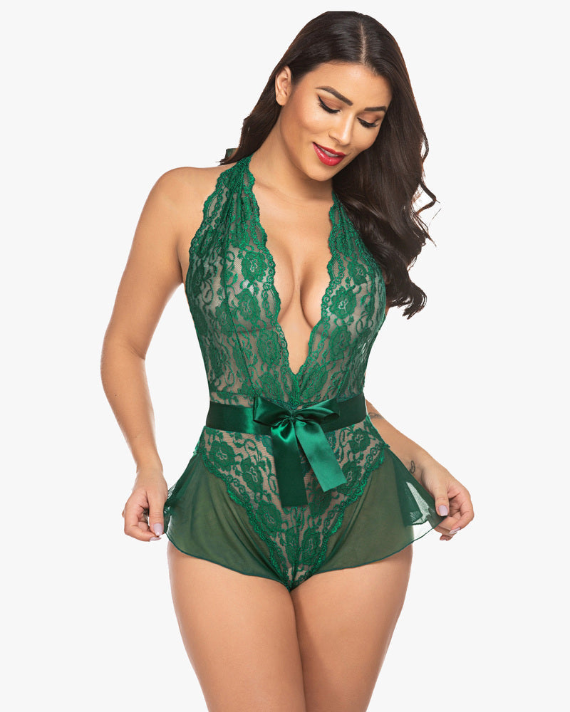 Halter V Neck One Piece Lingerie