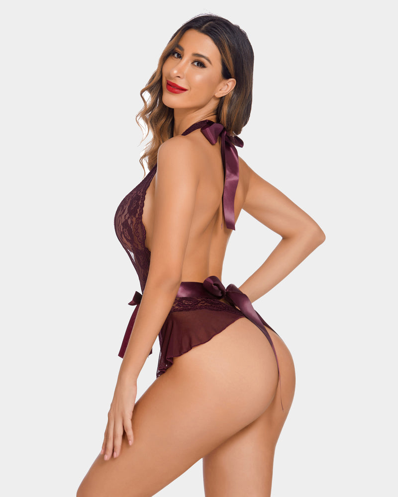 Spitze Teddy Bodysuit Halter V-Ausschnitt Einteiler