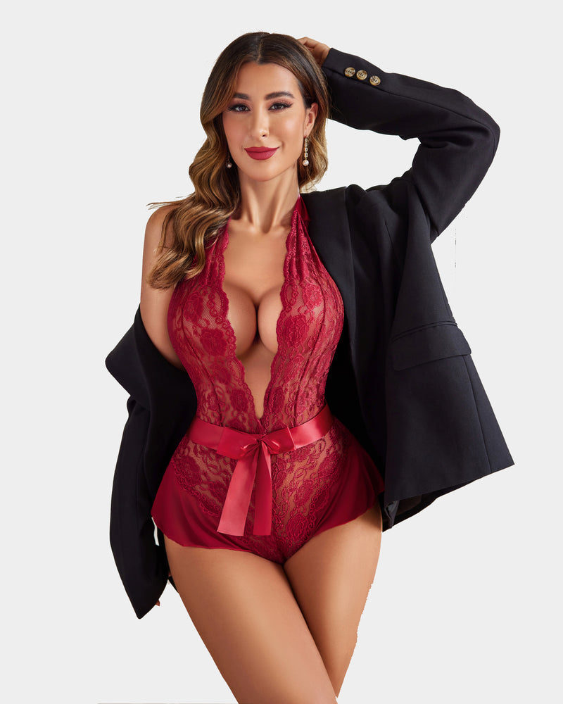 Spitze Teddy Bodysuit Halter V-Ausschnitt Einteiler