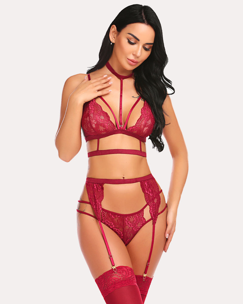 Spitze Strumpfband Set mit Choker BH und Panty