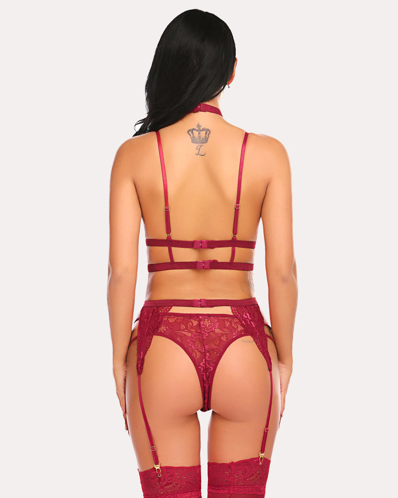 Spitze Strumpfband Set mit Choker BH und Panty