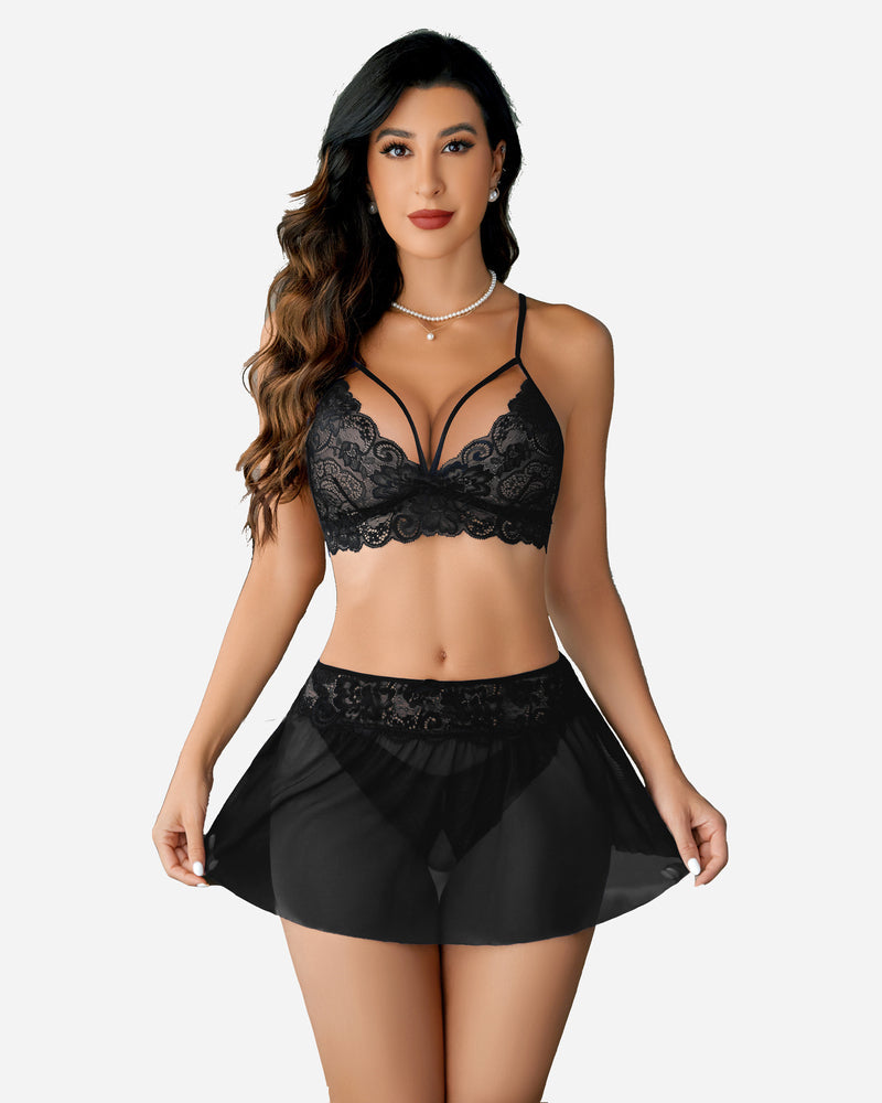 3 Stück Sets Spitze Bralette. Rock mit Höschen