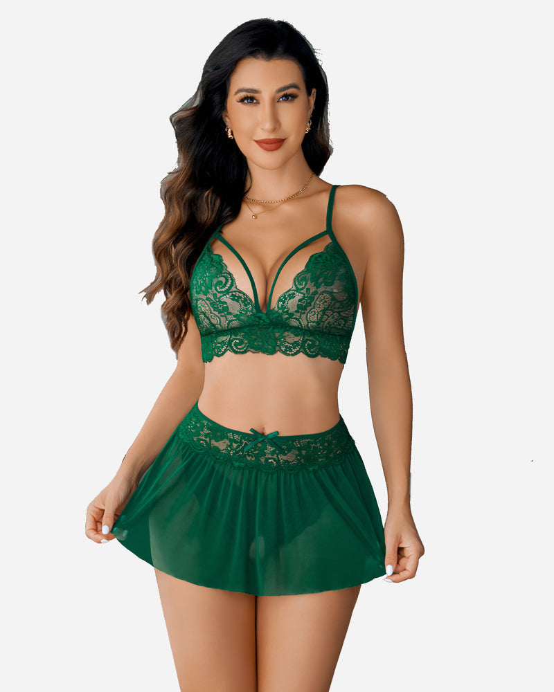 3 Stück Sets Spitze Bralette. Rock mit Höschen