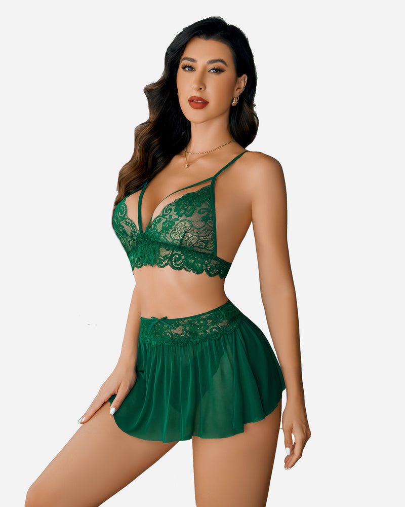 3 Stück Sets Spitze Bralette. Rock mit Höschen