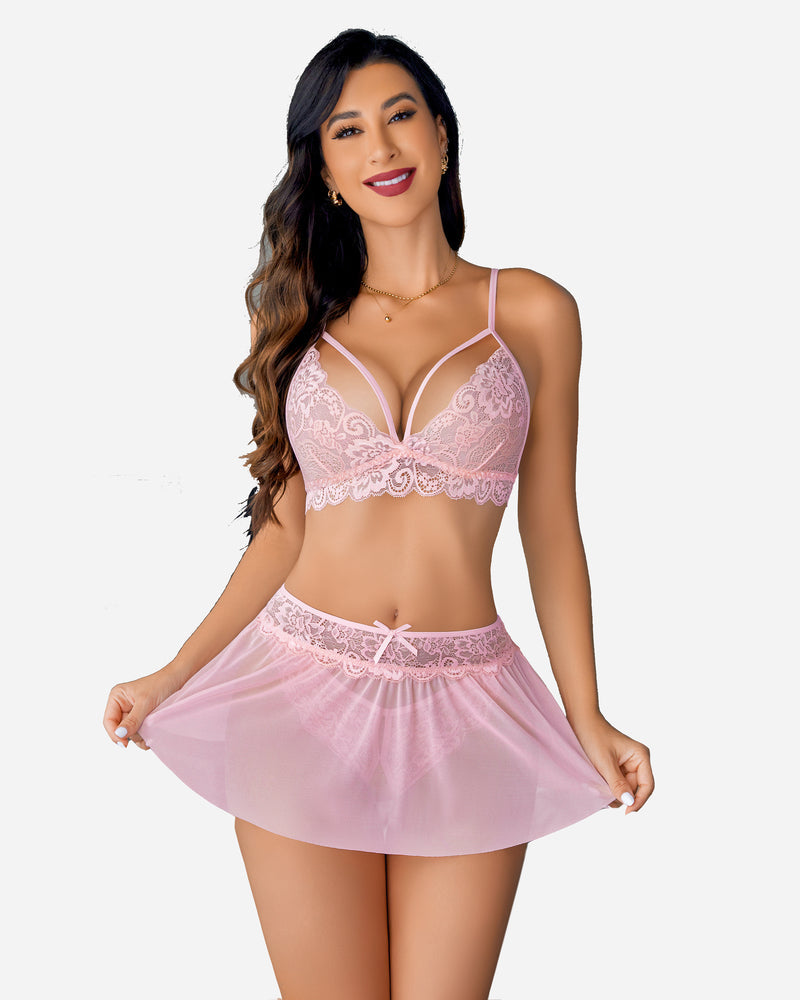 3 Stück Sets Spitze Bralette. Rock mit Höschen