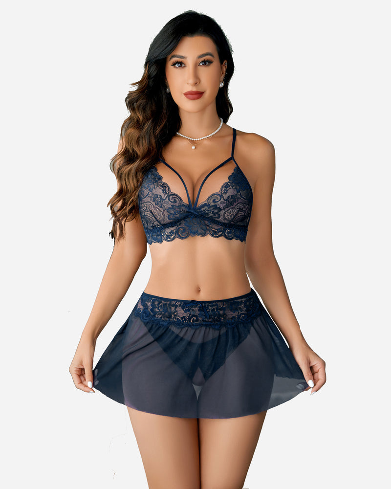 3 Stück Sets Spitze Bralette. Rock mit Höschen