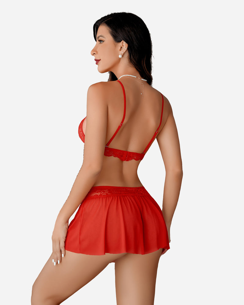 3 Stück Sets Spitze Bralette. Rock mit Höschen