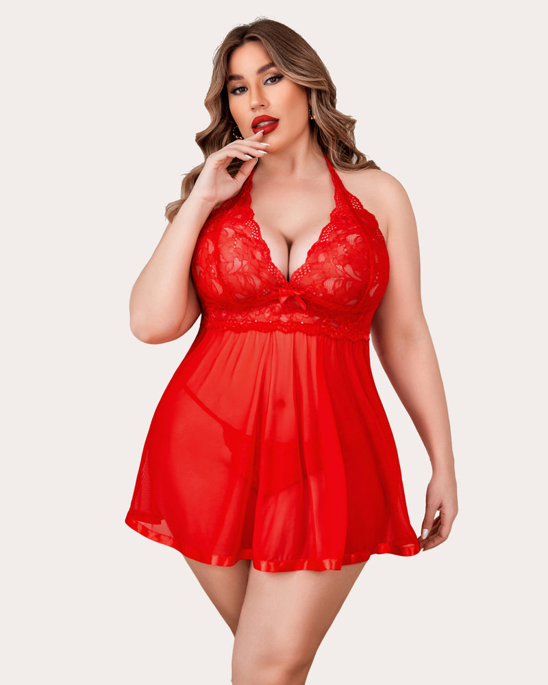 Plus Size Durchsichtige Spitze Mesh Babydoll