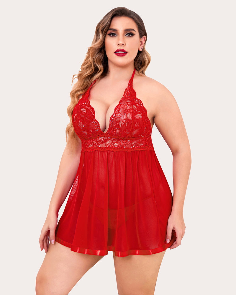 Plus Size Durchsichtige Spitze Mesh Babydoll