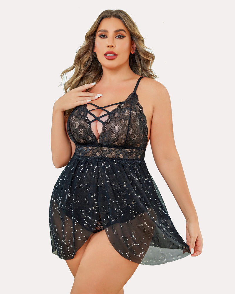Plus Größe Snap Crotch V Hals Spitze Nighty