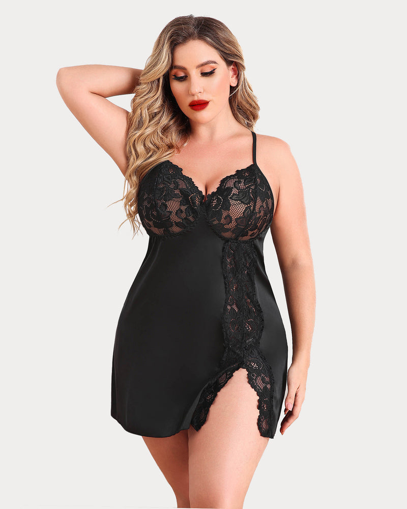 Plus Size Satin Spitze Seite Schlitz Chemise