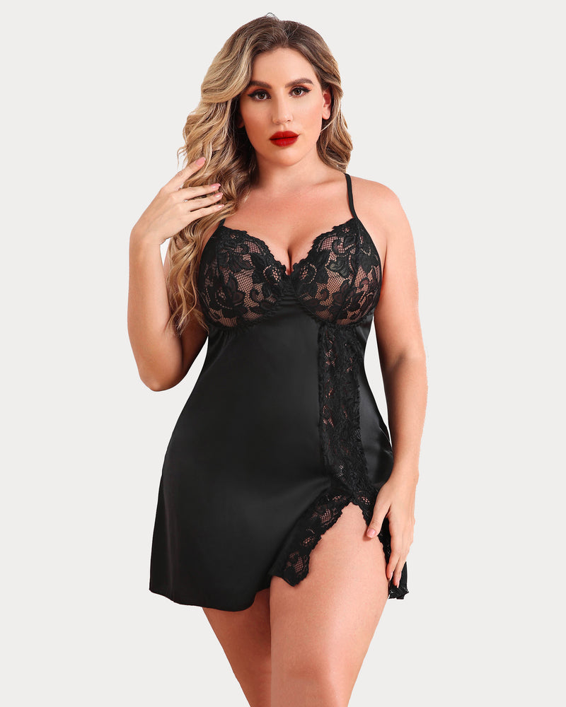 Plus Size Satin Spitze Seite Schlitz Chemise