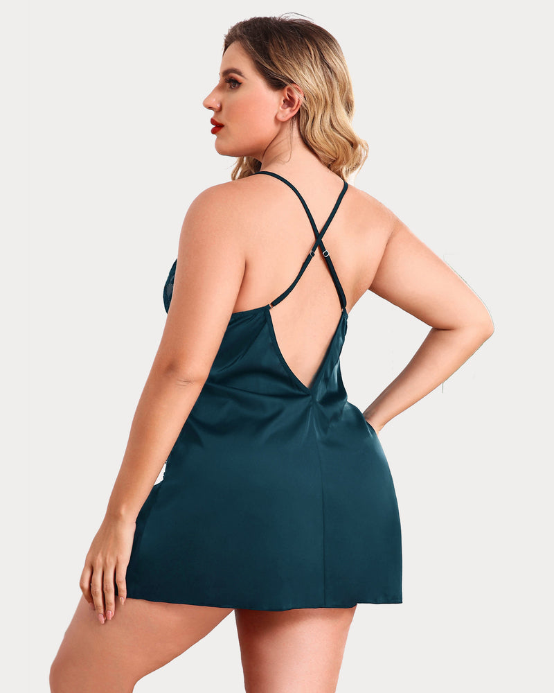 Plus Size Satin Spitze Seite Schlitz Chemise