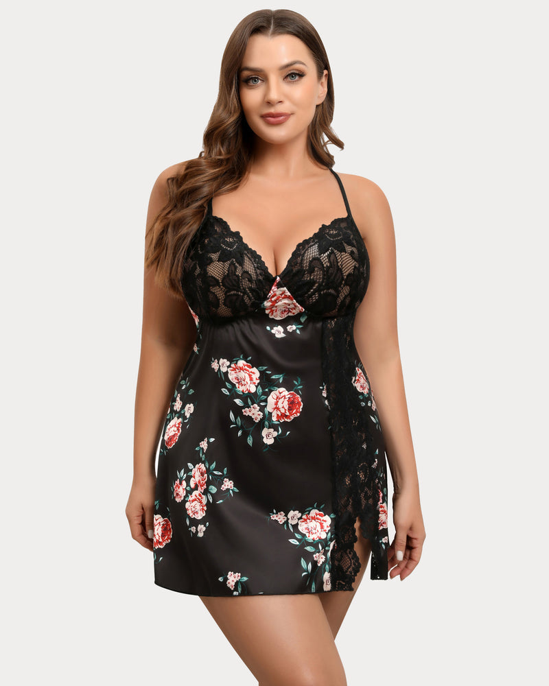 Plus Size Satin Spitze Seite Schlitz Chemise