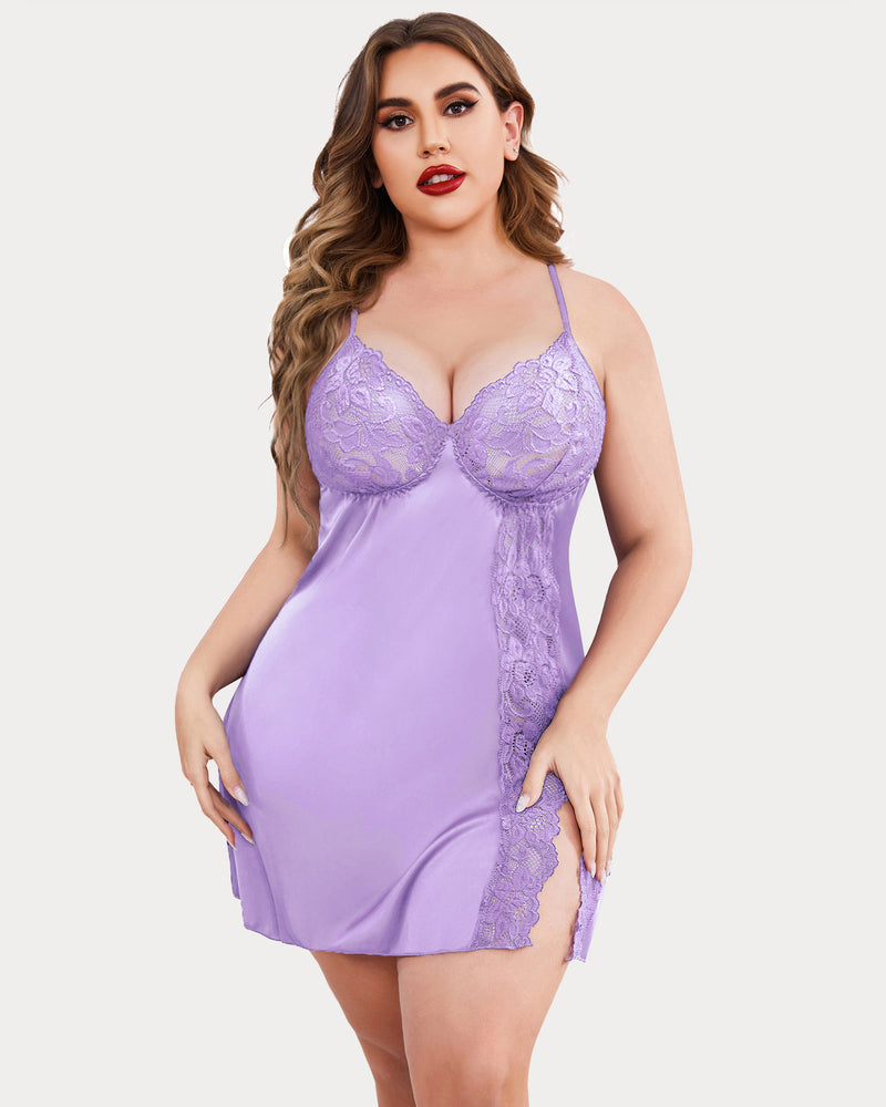 Plus Size Satin Spitze Seite Schlitz Chemise