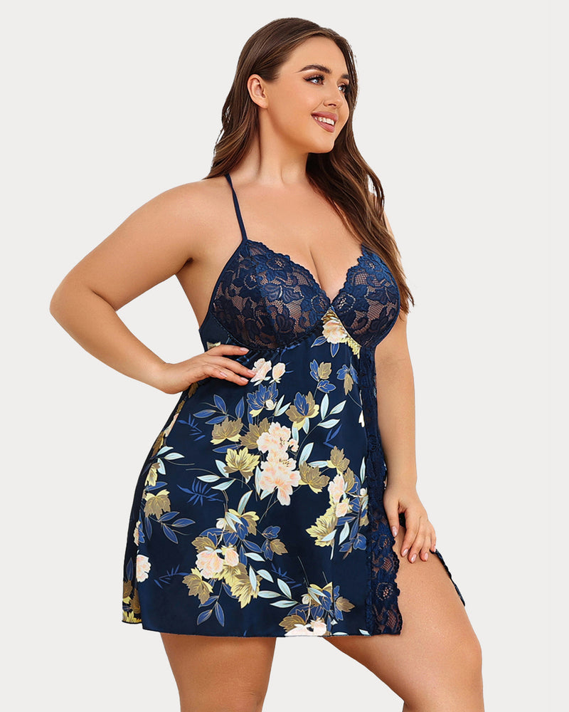 Plus Size Satin Spitze Seite Schlitz Chemise