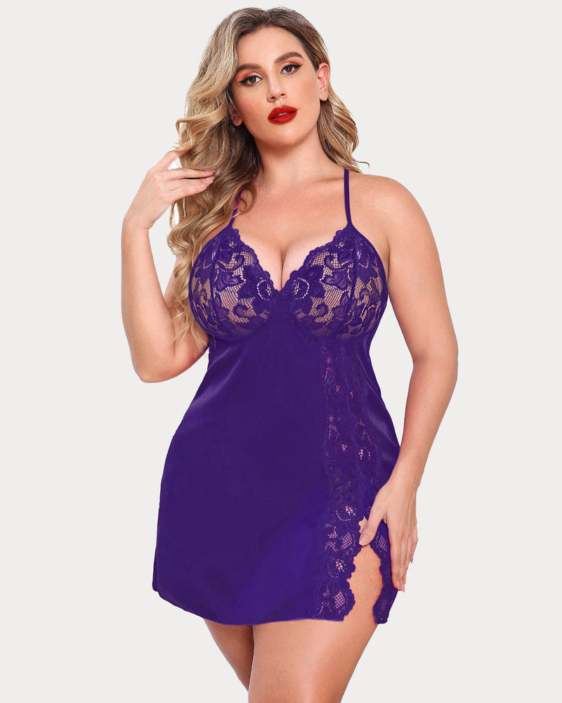 Plus Size Satin Spitze Seite Schlitz Chemise