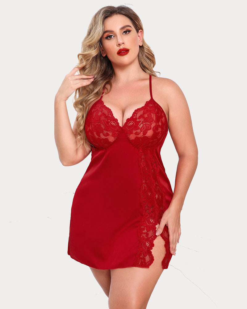 Plus Size Satin Spitze Seite Schlitz Chemise