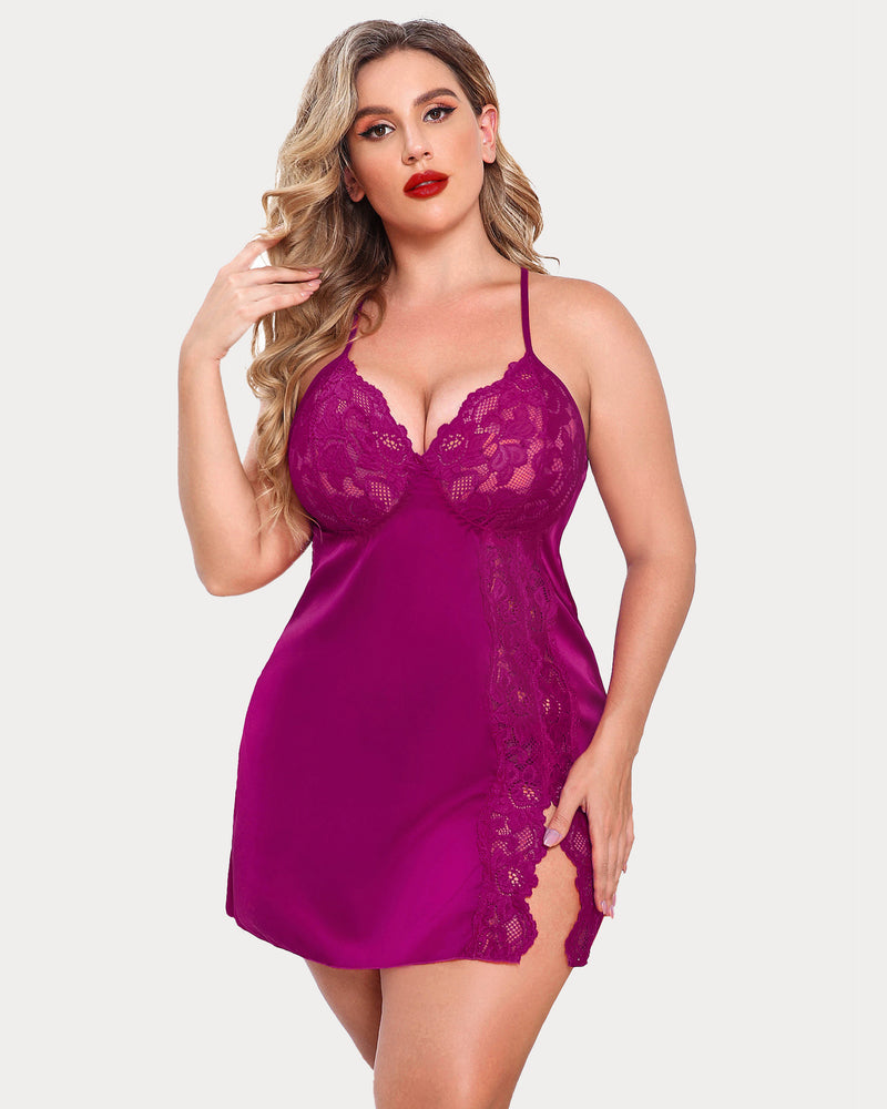 Plus Size Satin Spitze Seite Schlitz Chemise